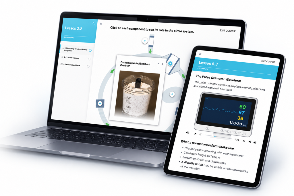 Anesthesia Essentials veterinary anesthesia training course on laptop and tablet