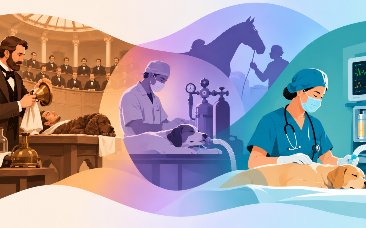 Illustration showing the evolution of veterinary anesthesia, from the first ether experiments in 1846 to modern anesthesia equipment, patient monitoring, and veterinary care.