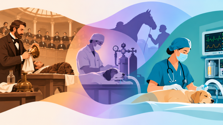 Illustration showing the evolution of veterinary anesthesia, from the first ether experiments in 1846 to modern anesthesia equipment, patient monitoring, and veterinary care.