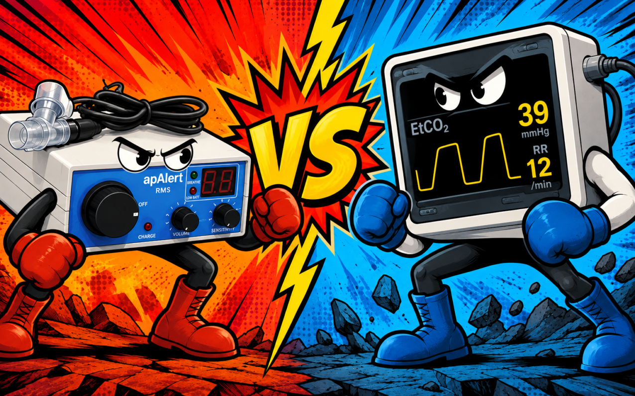 Comic-style illustration of an apAlert apnea alarm facing a capnography monitor