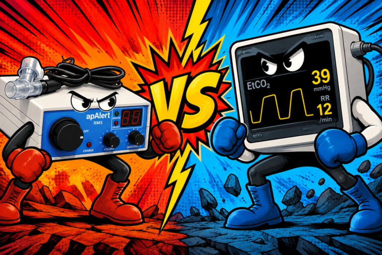 Comic-style illustration of an apAlert apnea alarm facing a capnography monitor